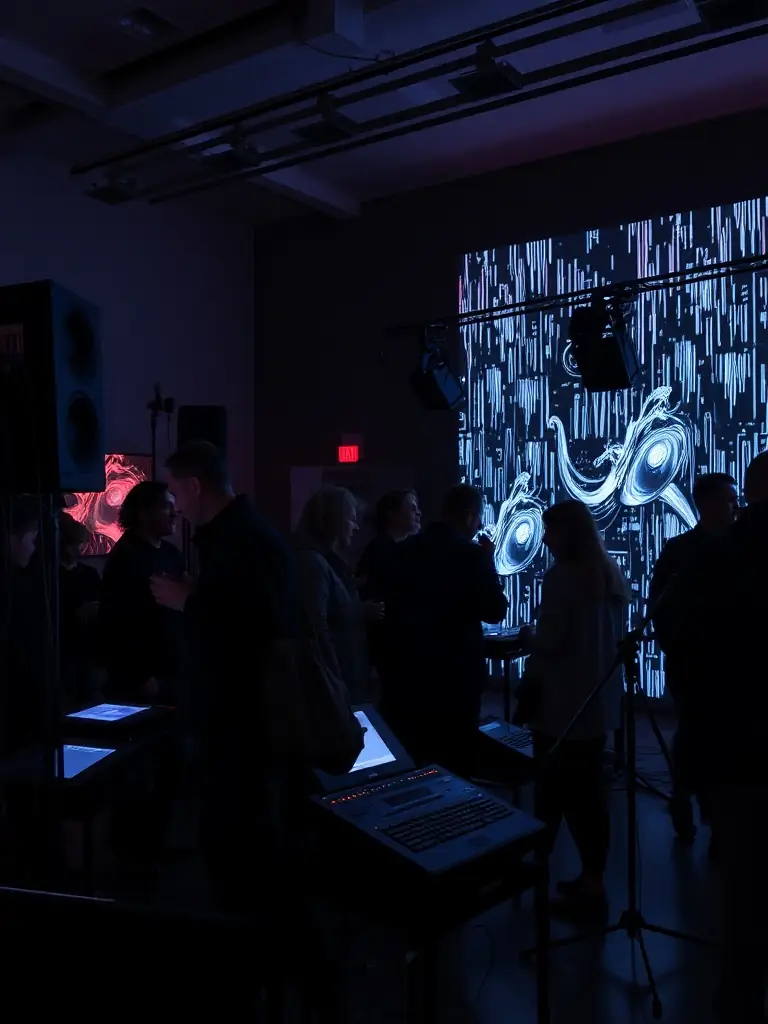 A photo of a sound art installation at a L'ANODINE event, showcasing the innovative use of sound and technology to create an immersive artistic experience.