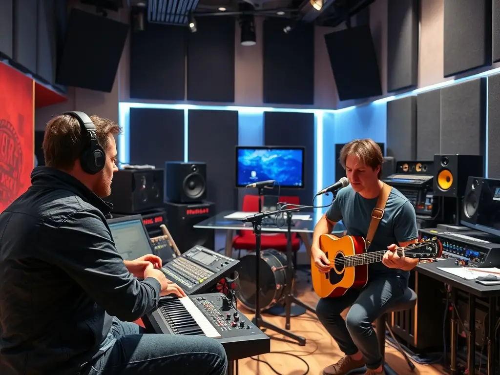 A focused image of artists working in a professional recording studio, highlighting the production aspect of L'ANODINE's support for musical creation.