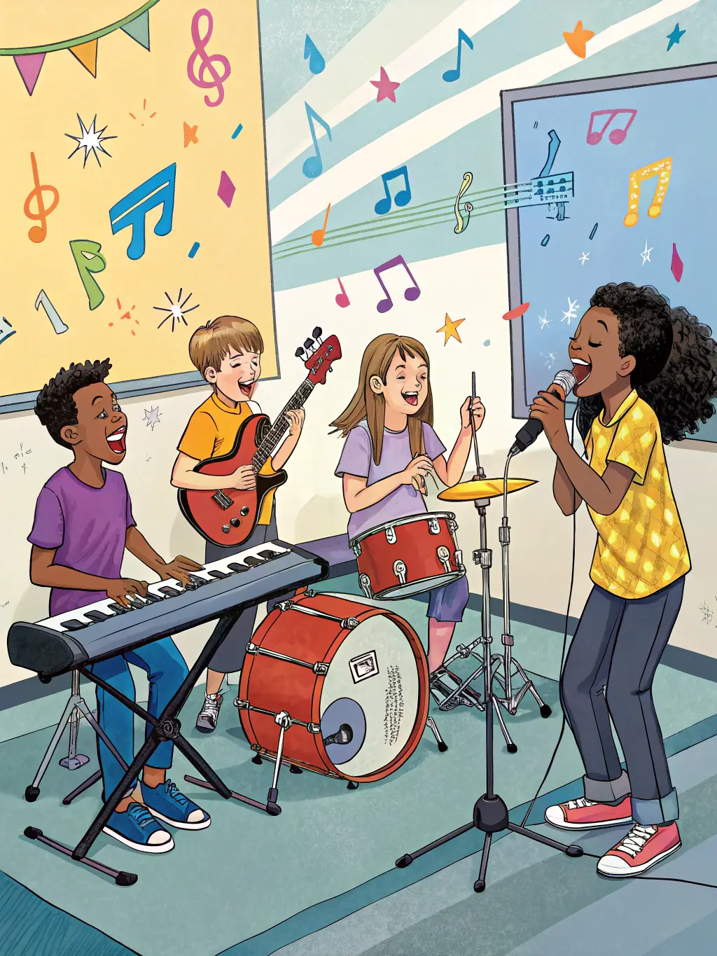 A vibrant photo of a music workshop led by L'ANODINE, showing diverse participants of all ages engaged in creating music with various instruments and sound equipment.