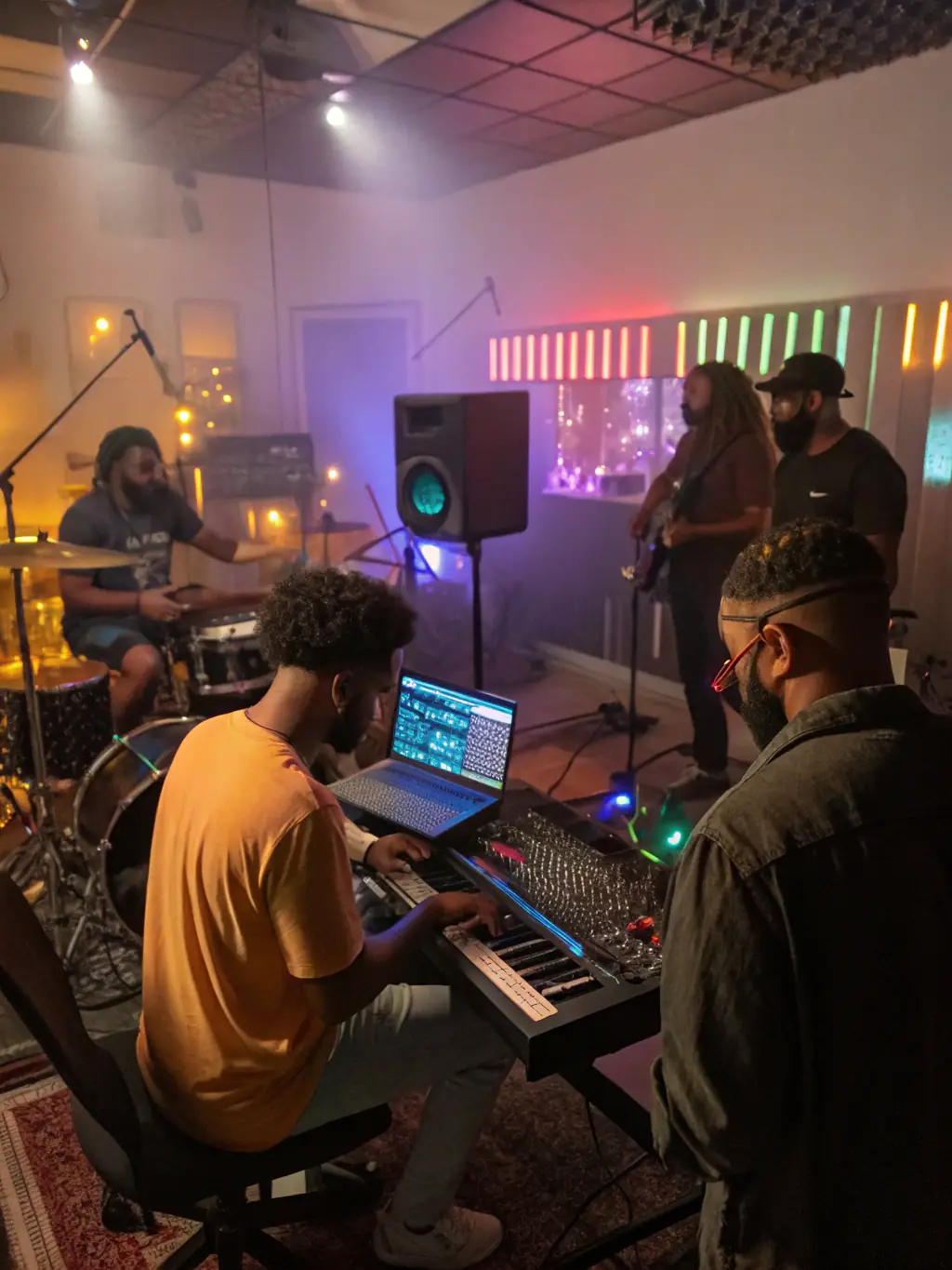 A behind-the-scenes shot of a music production session supported by L'ANODINE, showing artists collaborating and creating new music, emphasizing the organization's role in fostering creativity.