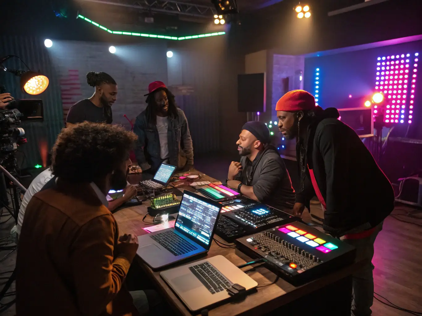 A vibrant image of a music workshop in progress, showing participants of diverse ages and backgrounds collaborating on a sound project with various instruments and electronic devices.