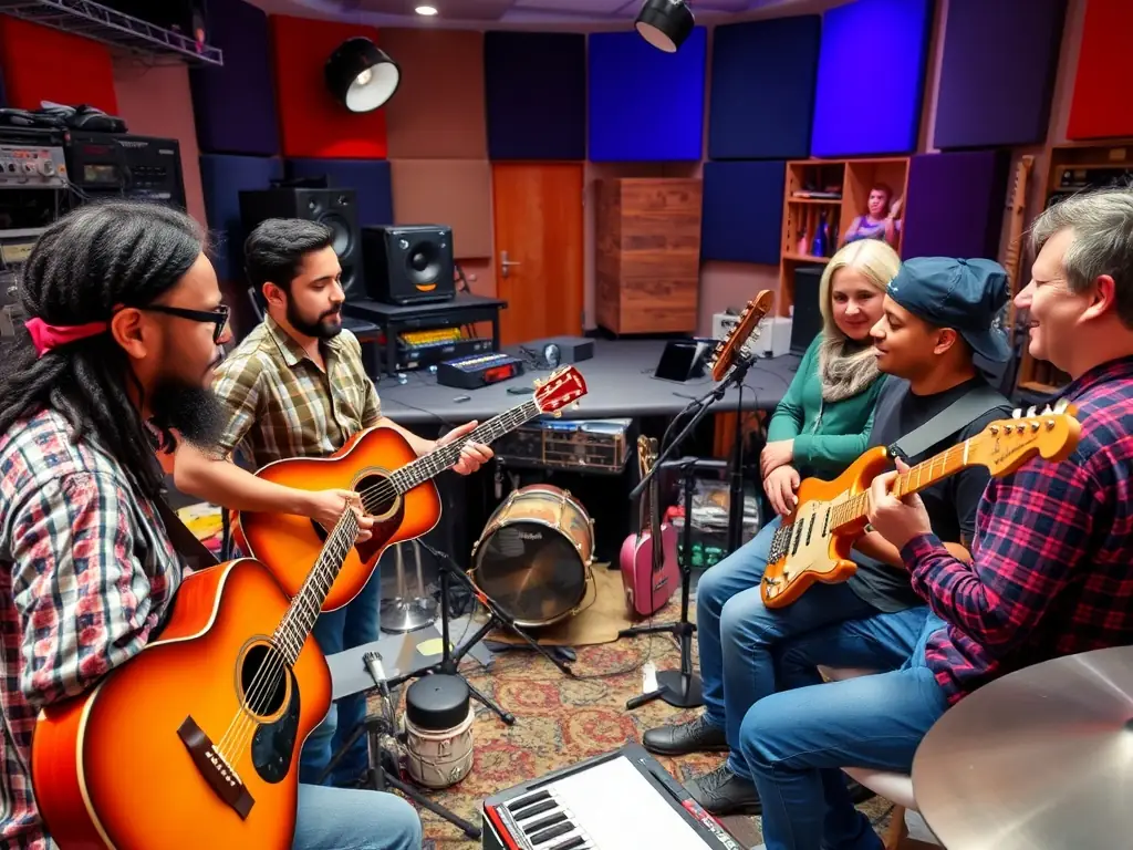 A vibrant image of participants engaged in a music workshop, surrounded by instruments and sound equipment, showcasing collaborative music creation.