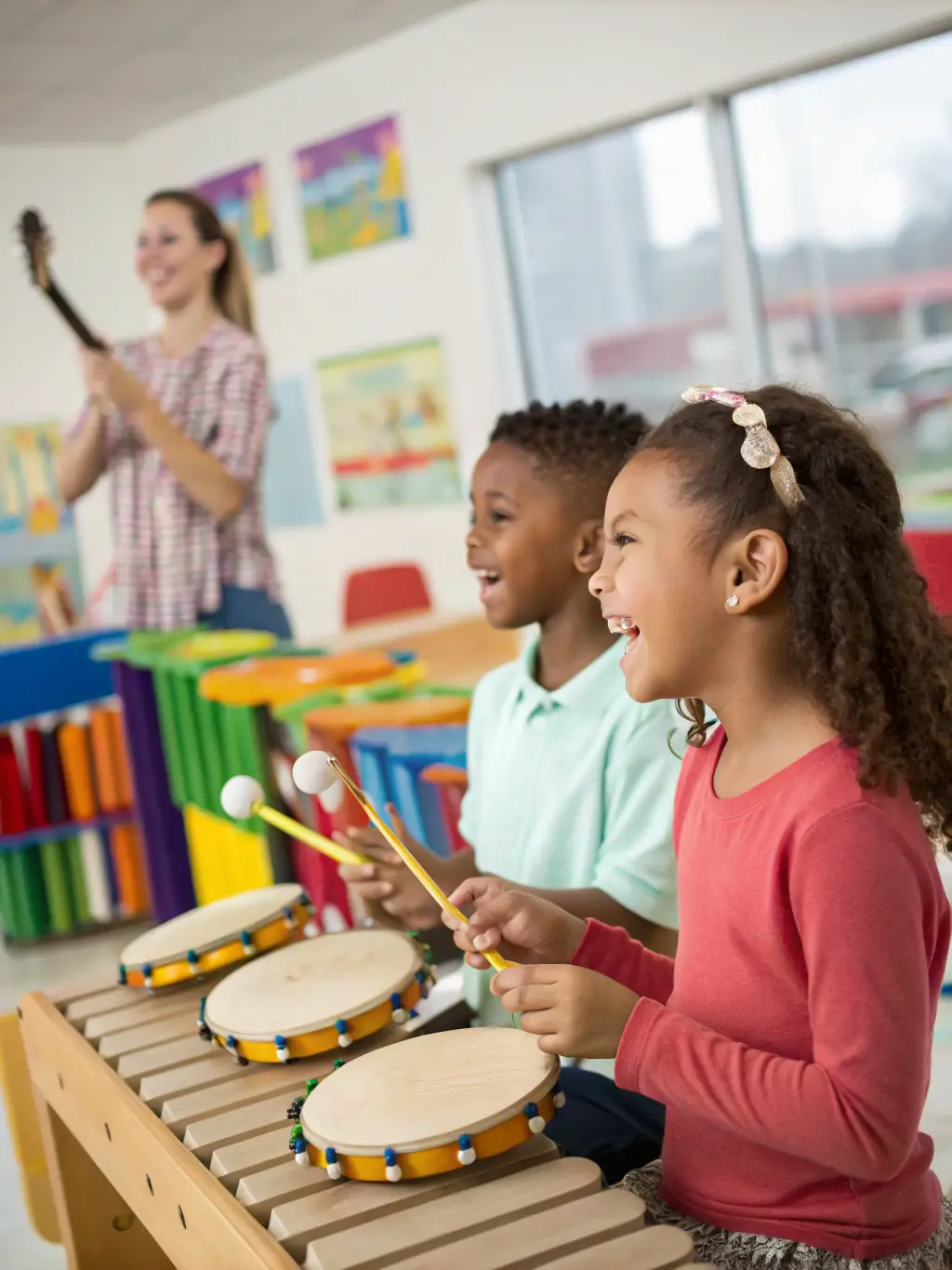 A photo of children participating in a music workshop, learning to play instruments and create sounds, emphasizing the educational and community aspects of L'ANODINE.